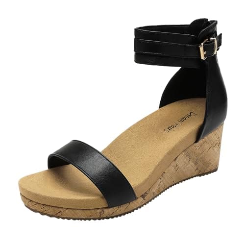 Image of DREAM PAIRS Women's Open Toe Buckle Ankle Strap Platform Wedge Sandals,Size 5,BLACK/PU,NINI-6