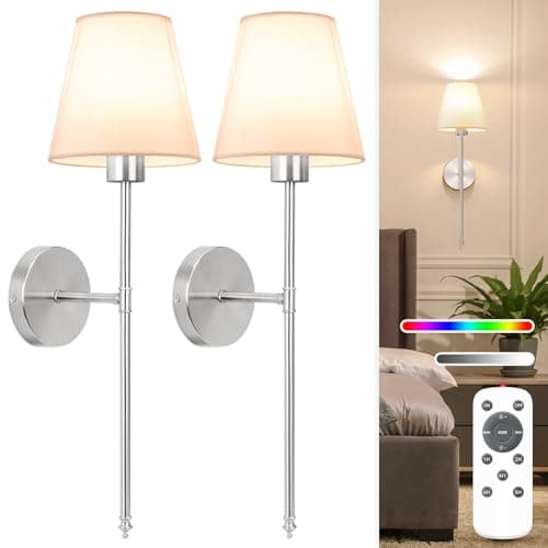 Image of NIORSUN 24 inch Battery Operated Wall Lights, Brushed Nickel Rechargeable Wall Lights Indoor with 5200mAh Dimmable Detachable Bulbs and Remote, 9 Colours Wireless Sconces for Bedroom Living Room