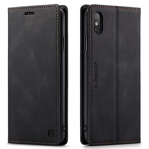 Image of LOLFZ Wallet Case for iPhone XS Max, Magnetic Flip Leather Case with RFID Block Card Slots Kickstand Shockproof Protective Cover Compatible with iPhone XS Max - Black