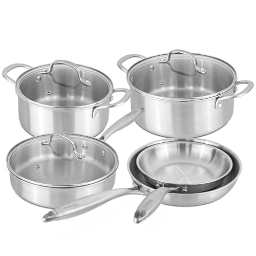 Image of Stainless Steel Pots and Pans Set – 8pcs Cookware with Glass Lids – Induction Hob Pot Set – Cooking Saucepan Pots & Frying Pan Set – by Nuovva