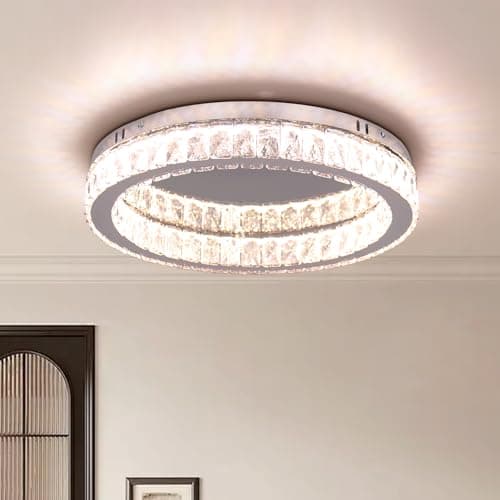 Image of Fintonglan 17.7" Dimmable Crystal LED Ceiling Light Fixtures Modern Round Chandelier Ceiling Lights Fixtures Low Profile Ceiling Lamp with Remote Control for Living Room Dining Room Kitchen 48W