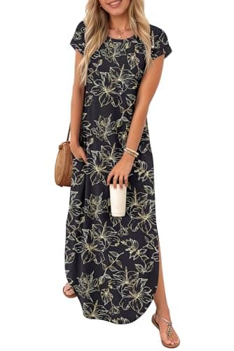 Image of PLOKNRD Summer Maxi Dresses for Women UK with Pockets Round Neck Casual Short Sleeve Beach Split Coverup Long Dress Loose Gold Leaf M