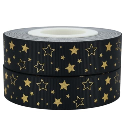 Image of Black and Gold Ribbon for Gift Wrapping 2 m x 22 mm Grosgrain, Star Pattern Craft Trim for Birthday Cake Boards, Party Bows, Scrapbooking and Sewing Projects