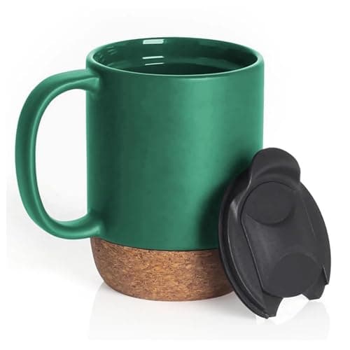 Image of Generic Re-usable Ceramic Coffee Mug with Handle and Removable Lockable Lid with Sliding Sip Hole 400ML. Heatproof Cork Base Design. (Matte Green)