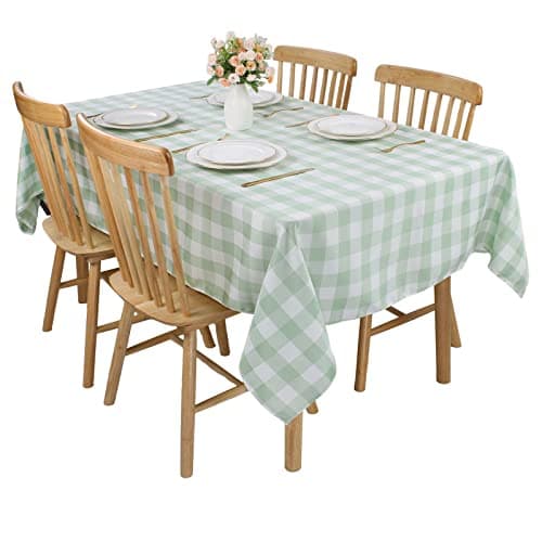 Image of Kesfey Light Green Gingham Tablecloths Polyester 140x200cm Rectangle Checkered Tablecloth Plaid Table Cloth Wipe Clean Waterproof Wrinkle Free for Dinning Outdoor Restaurant Party Buffet Decoration