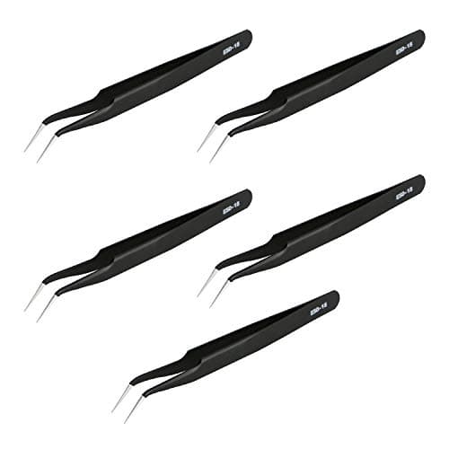 Image of Aoje-Link ESD-15 Professional Anti-Static Precision Technology Tweezers, Non-Magnetic Fine Tip Curved, Stainless Steel Plastic Coated, Full Length 120mm, Black, 5pcs