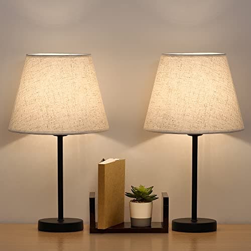 Image of LIANTRAL Modern Bedside Lamps Set of 2, Small Desk Lamp with Linen Fabric Shades & Metal Frame, Table Lamps for Bedroom, Living Room, Office - Creamy/Black