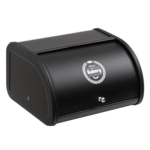 Image of HollyHOME Bread Bin with Stainless Steel Body Metal Bread Bins for Kitchen Bread Storage Containers with Roll Up Easy Storage Bread Box Holder Lid, Black