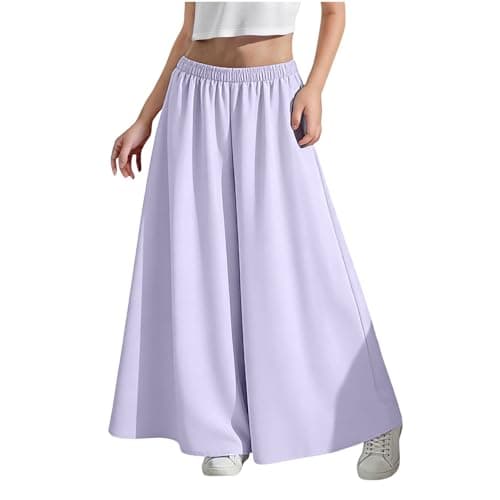 Image of Purple Girls Culottes Elastic High Waisted Casual Trousers Flowy Lightweight Summer Wide Leg Pants Elastic Waist Loose Fit Palazzo Trousers Comfy Breathable Culottes Pants Solid Beach 12-13 Years