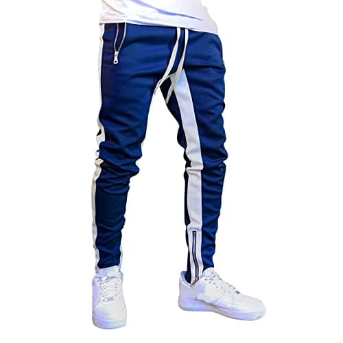 Image of FGUUTYM Men's Joggers with Zip Pockets, Color Block Sweatpants for Gym Running, Elastic Waist Tracksuit Bottoms with Drawstring, Casual Sports Trousers M-3Xl Blue