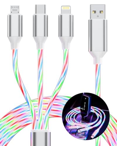 Image of 3 in 1 Light UP Charging Cable, Multi LED Charging Cable, RGB Flowing Glowing Fast Charger Cord with Lightn-ing/Type C/Micro USB for iPhone & iPad, Galaxy & Note, Android, Tablets & Phones (1.2m/4ft)