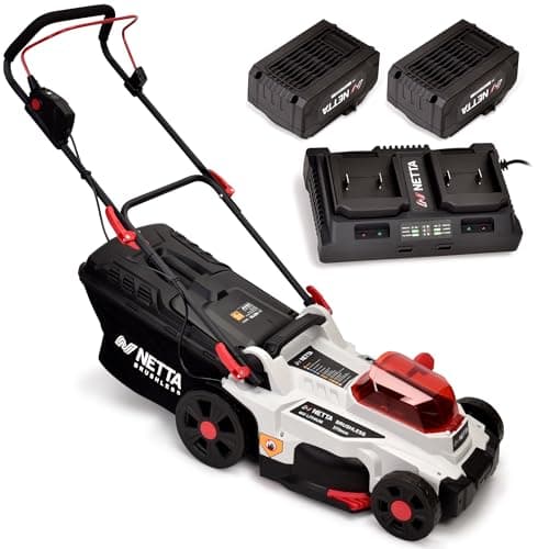 Image of NETTA Cordless Lawnmower 40V - Brushless Motor Lawn Mower with 2x 4.0Ah Batteries & Dual Charger, 37cm Width, 6 Heights - Heavy Duty Lawnmower for Medium and Large Gardens - 35L Grass Box