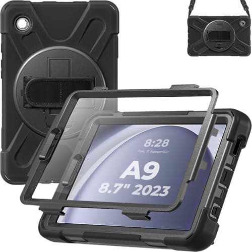 Image of EHIOG Case for Galaxy Tab A9 8.7 inch 2023, Full-Body Shockproof with Screen Protector, 360° Rotating Stand & Hand Strap, Carrying Strap (Black)