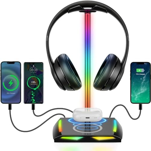 Image of New Bee Headphone Stand RGB Headset Holder with Wireless Charger, Headset Stand Gaming Headphone Holder with 2*USB-C and 1*USB Charging Ports, 7 Light Modes and Non-Slip Rubber Base (Black)