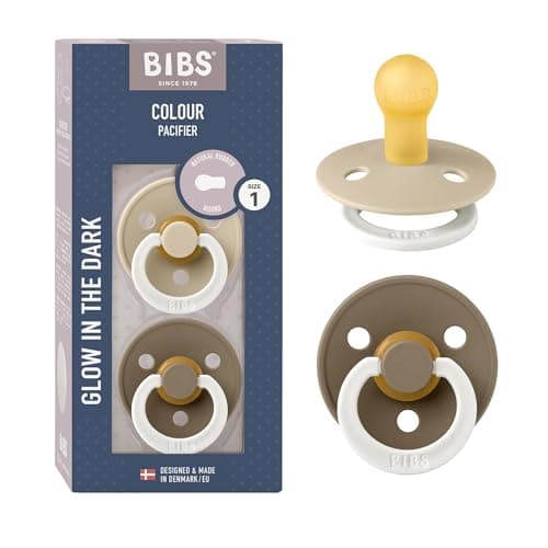 Image of BIBS Colour Glow Soother 2-Pack, Glow in The Dark BPA Free Dummy Pacifier, Round Nipple. Natural Rubber Latex, Size 1 (0-6 Months), Vanilla Night/Dark Oak Night
