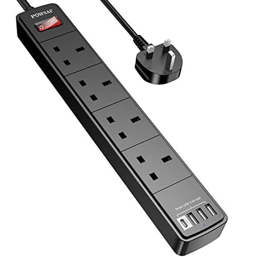 Image of POWSAF Extension Lead with 4 USB Slots (3.4A, 1C and 3A Ports),Power Strip Extension cord with 4 way plug extension Socket and 2M Extension Cable for Home Office Travel holiday essentials,Black