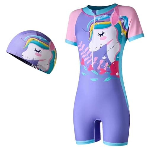 Image of ADUDVLO Girls Swimming Costume with Front Zipper & Swim Cap – Cartoon One Piece Bathing Suit for Kids Ages 4–10, Quick Dry & Stretchy Swimwear (UK, Age, 9 Years, 10 Years, Regular, Purple)
