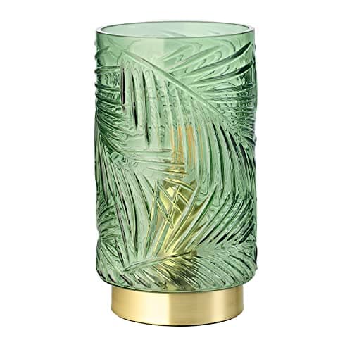 Image of Happy Homewares Modern Palm Tree Emerald Forest Green Glass Floral Table Lamp with Brushed Satin Brass Base | 1 x E14 60w Maximum | 22cm x 12cm | Clear Inline Switch