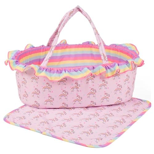 Image of ARTST Baby Doll Bed Set- Portable Bassinet for Dolls up to 53 cm - Handbag for Girl - Includes Blanket, Mattress, Quilt