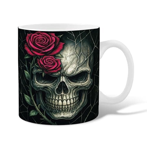 Image of Skull Ceramic Coffee Mug, Gothic Dark Roses Leaves Halloween Black Novelty Work Drinking Mugs with Handle Gift for Friendship Family Colleague Sweetheart Teachers 15 Oz