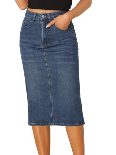 Image of Allegra K Casual Denim Skirt for Women's High Waist Stretchy Midi Jean Skirts Blue L