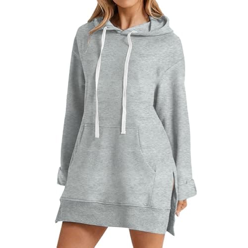 Image of Women's Sweatshirt Jacket with Hood, Women's Sweatshirts Large Size Hoodie Solid Colour Outwear with Drawstring Sweatshirts for Spring Autumn Casual Trendy Outdoor Organic Cotton Tops, grey, L