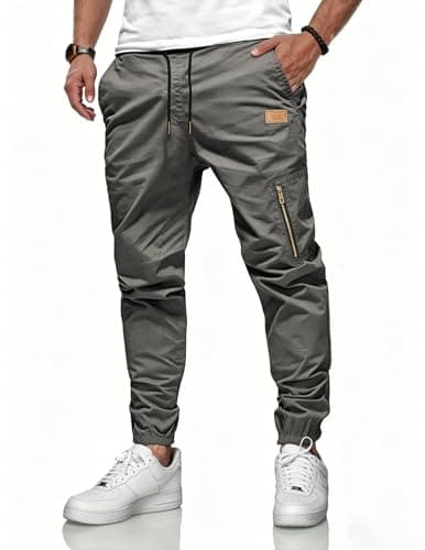 Image of LIUPMWE Mens Cargo Trousers Joggers for Men Sweatpants Cotton Sports Pants Casual Slim Fit Trousers with Zip Pockets,M,Green-07