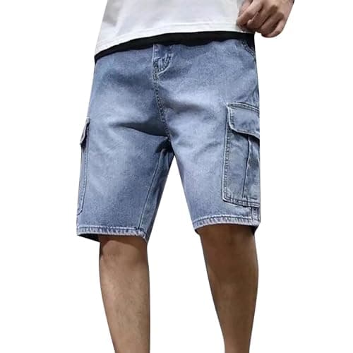 Image of Denim Shorts Mens Multi Pockets Cargo Jeans Straight-Fit Breathable Stretch Denims Short Solid Color Lightweight Half Pants Classic Casual Halfpants Stylish Smart Summer Denims Short-Pant Blue