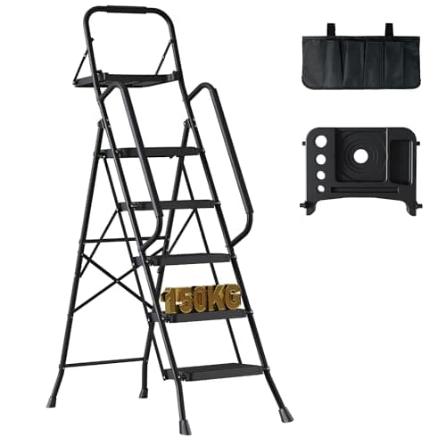 Image of BONTEC 5 Step Ladder with Tool Bag and Tray, Folding Step Ladder with Wide Anti-Slip Pedals, Handrails and Soft Grip, Foldable Metal Step Stool for Kitchen, Pantry, Garage, Up to 150KG, Black