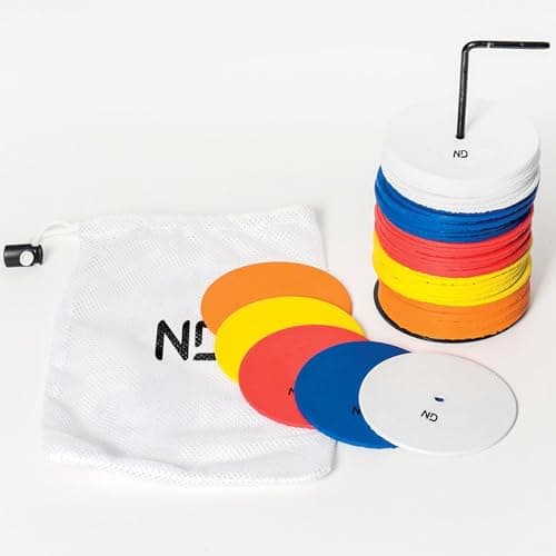 Image of Small Round Rubber Marker Discs 10cm Set of 50 – Multi-Surface PVC Discs - Non Slip Spot Markers With Mesh Carry Bag for Sports, PE, Agility, Fitness Drills –Durable Field Markers for Indoor & Outdoor