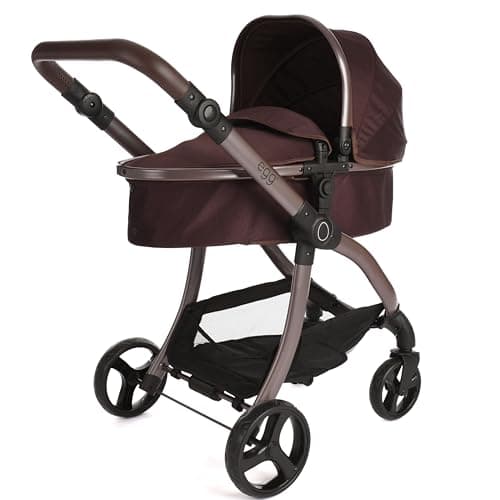 Image of Roma Egg - Mulberry Dolls Pram and Pushchair, 2-in-1 Seat Unit/Carry Cot, Adjustable Handle 60-78cm, Lightweight, Suitable for Dolls Up to 57cm, Cocoa Leatherette, Gloss Chassis