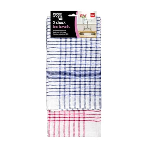 Image of HOMESHOPA Checked Kitchen Tea Towels, Pack of 2 Blue & Red Super Absorbent, Durable & Long Lasting, Lint Free, Fade Resistant, Bar, Catering, Restaurant Cloth