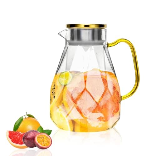 Image of 2.2 Litre Water Jug with Lid, Elegant Diamond Design Glass Jug with Handle, Decoration for Room, High Durability Pitcher Carafe for Ice Tea Maker, Juice, Hot/Cold Coffee