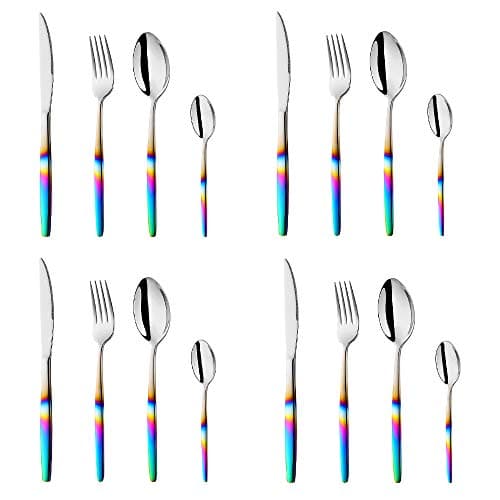 Image of BISDARUN Stainless Steel Flatware Rainbow Coloured Handle Iridescent Cutlery Set 16 Piece Silverware Service for 4 Dinner Spoon Fork Knives Set for Party Outdooor Camping Travel Dishwasher Safe