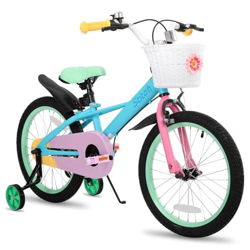 Image of STITCH MACARONS 18 inch kids bike for 6-8 girls, 18 inch girls bike with stablisers and basket,blue