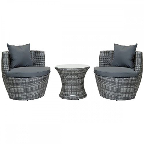Image of CHARLES BENTLEY Stacking Rattan Furniture Set, Grey, Compact Chair Set for Two, Grey Weave, Outdoor, Garden, Patio, Space Saving, Removable Cushions, Easy Clean, Glass Top Table, Steel (69x72x72cm)