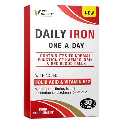 Image of Vit Direct - Daily Iron Supplements - 30 Capsules - with Added Folic Acid & Vitamin B12 - Supports Haemoglobin & Red Blood Cell Function - Reduces Tiredness & Fatigue - Energy Supplements