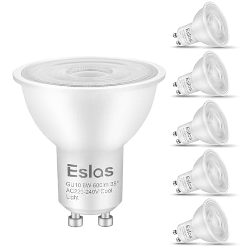 Image of Eslas Gu10 LED Bulbs Cool White 6500K 6W 600Lm, 60 Watts Equivalent Energy Saving LED Bulbs, 38 Degree Beam Angle LED Spot Lights for Ceiling, Non-Dimmable, 6 Pack