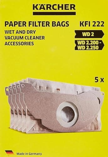 Image of Kärcher Original Paper Filter Bags KFI 222: 5 pieces, 2-play, custom-fit for Kärcher Wet and Dry Vacuum Cleaners WD 2, MV 2, WD 2.200 to WD 2.550, SKU 6.904-332.0