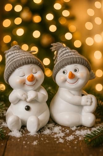 Image of khevga Snowman Figures Set of 2 - Standing & Sitting - Christmas Decoration in Grey & Red - Classic or Playful - Ideal for Windowsill, Table & Winter Decoration (Grey, Sitting Dreamy)