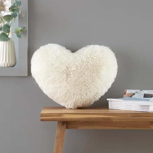 Image of Catherine Lansfield Cuddly Deep Pile Faux Fur Heart Shaped Cushion Cream