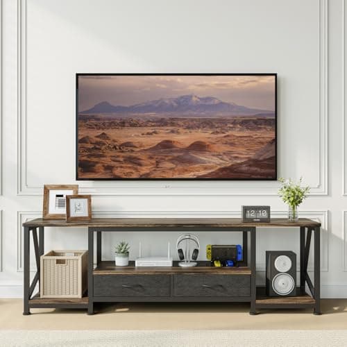 Image of TV Cabinet TV Unit for 65 Inch, 140cm Entertainment Center TV Stand with 2 Drawers and 3 Storage Shelves, Industrial Style Steel Frame TV Console Table for Living Room Bedroom, Rustic Brown and Black
