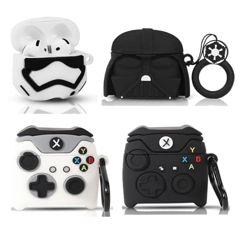 Image of (4 Pack) Cute Case for AirPods 4 Earbuds (2024), XMBYGY Silicone Cartoon Charging Case Shockproof Protective Headphones Cover with Carabiner for Man Woman Teen (GPBK+WT+SDWT+BK)