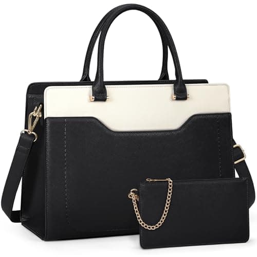Image of RAINSMORE Laptop Tote Bags for Women 15.6 Inch Designer Ladies Leather laptop handbags Waterproof Briefcase with Clutch Bag for Work School Business Black+White