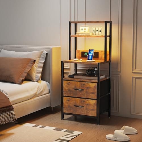 Image of MUTUN Bedside Table with Charging Station and LED Light Strips, Nightstand with Drawers, Bedside Cabinet for Living Room, Bed Side Table for Bedroom, Rustic Brown Furniture
