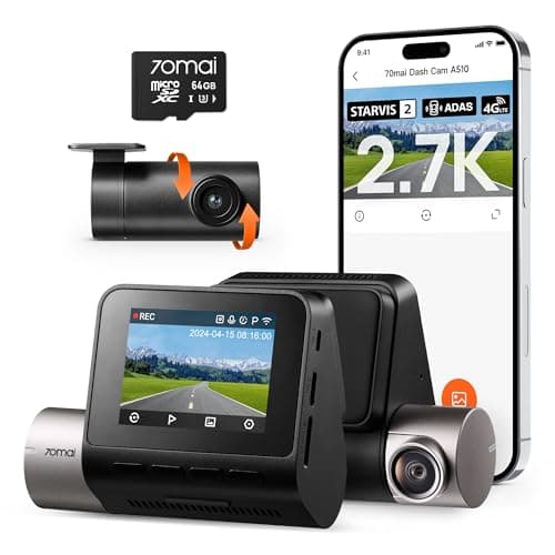 Image of 70mai 2.7K Dash Cam Front and Rear A510, 1944P+1080P Ultra Full HD Dual Car Camera with STARVIS 2 IMX675 and 64GB Card, Built-in GPS, 4G LTE, G-Sensor, ADAS, HDR, Night Vision, APP Control, Max 256GB