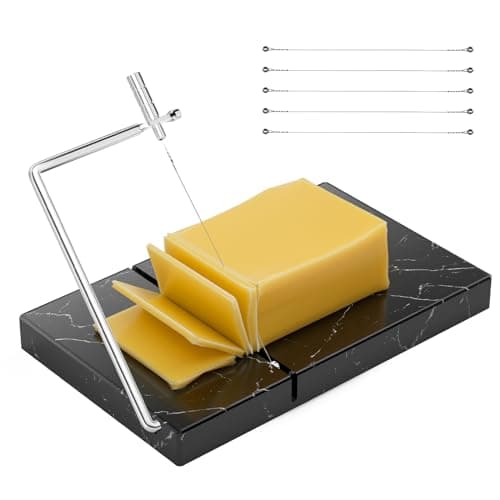 Image of Upgraded Cheese Slicer Set with 5 Replacement Wires & Heavy-Duty 5" x 8" Marble Board - Durable Cheese Cutter for Block Cheeses, Butter, and More - Essential Kitchen Gadget Tool - Black