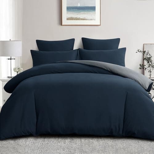 Image of Aisbo Super King Size Duvet Cover Set - 3Pcs Reversible Bedding Bed Set Navy Blue and Grey Superking Soft Brushed Microfiber Quilt Cover with 2 Pillowcases 50x75cm