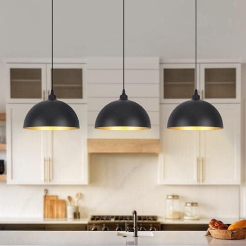 Image of Black Pendant Lights, 3 Pack Kitchen Island Lights, E27 Black Pendant Ceiling Lights with Metal Lamp Shade, Vintage Pendant Light Fitting for Dining Room, Bedroom, Living Room, Bar, Restaurant