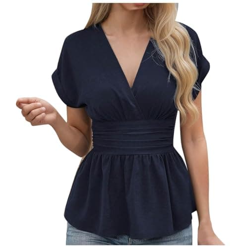 Image of Women's Elegant Peplum Tops Ruffle Trim Wrap V Neck Short Sleeve Summer Blouses Ladies Work Business Flowy Top Shirts/UK Size/Shipping 7 Days Navy